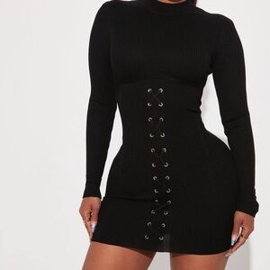 Fashion Nova Black Long Sleeve Lace-Up Sweater Dress